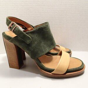 Veronique Branquinho Green Tan Leather Suede Block Heeled Sandals Size 37.5